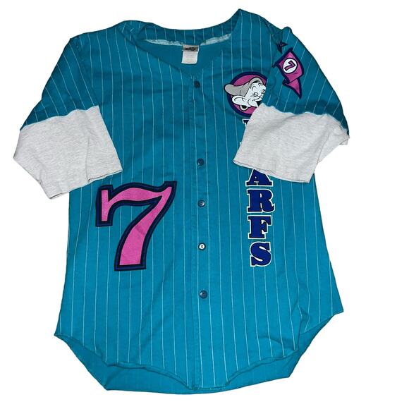 Disney's Vintage Seven Dwarfs teal and pink striped baseball jersey size small - Picture 6 of 6